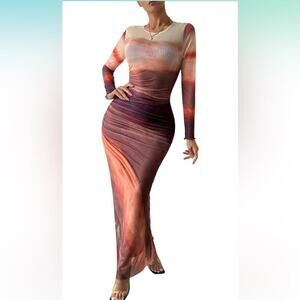 2025 Long Sleeve Maxi Dress Bodycon‎ Ruched Natural Slim Fit TieDye Dress M